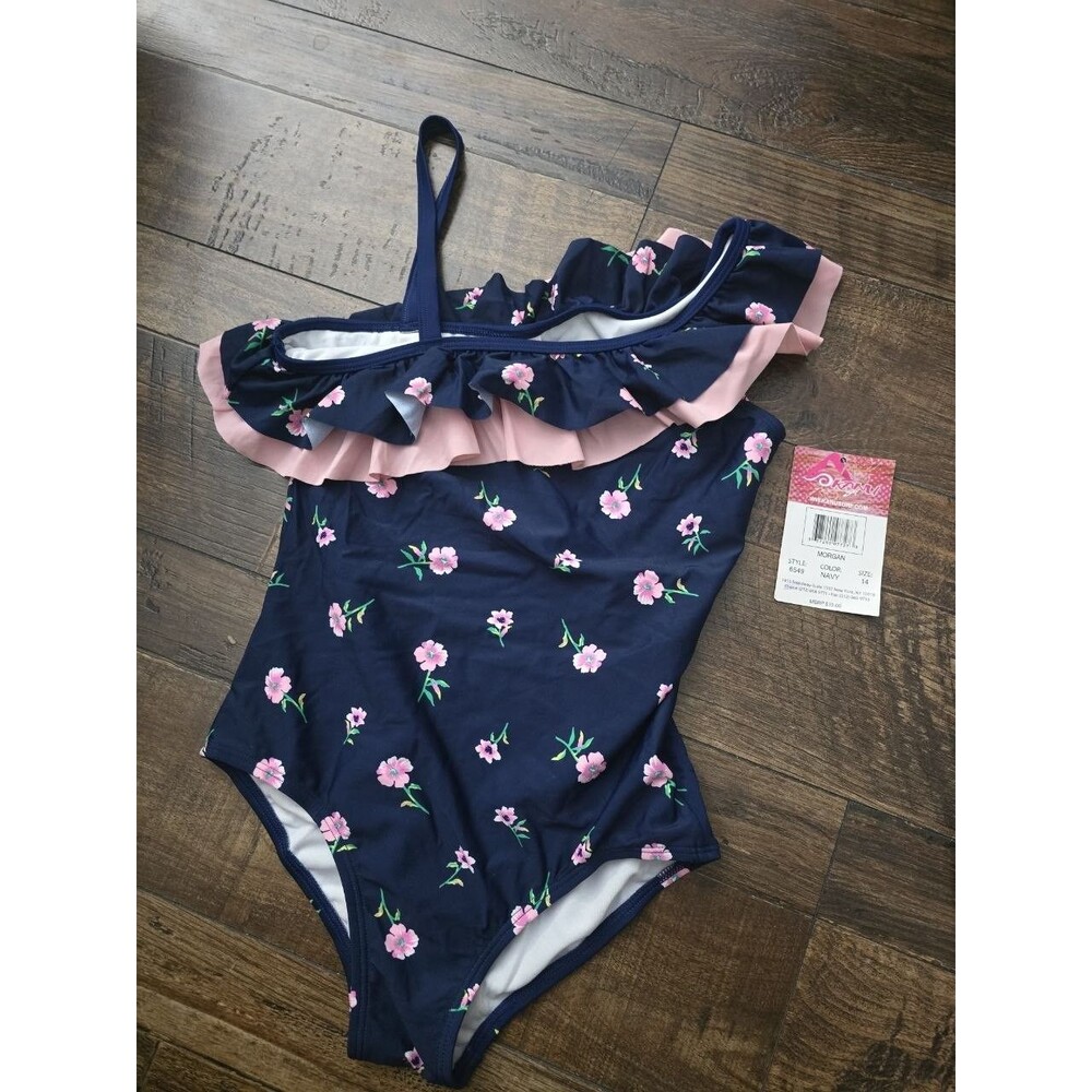Kanu Surf Girls Morgan One Piece Swimsuit Size 14 Navy Floral Pink Ruffle NWT
